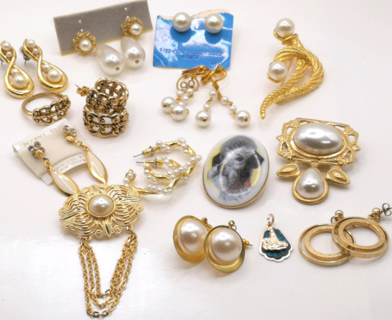 Faux Pearls & Gold Tone Jewelry - Earrings & Brooches & Ring