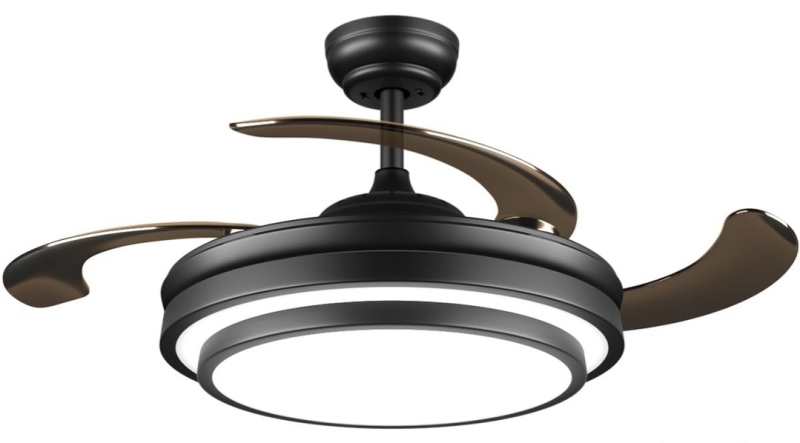 New Open Box Dimmable, Retractable Ceiling Fan Light. 45cm x 45cm by 29.5cm.