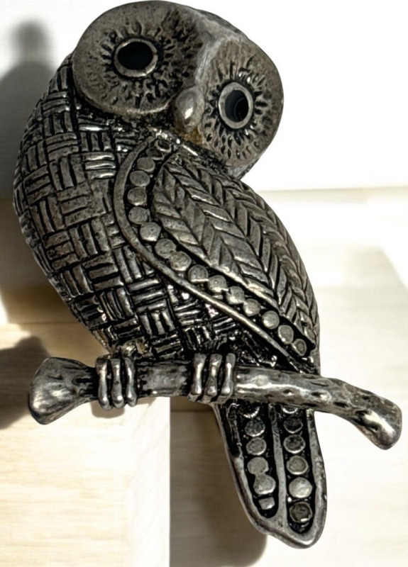 Vintage Etched Owl On Branch Dimentional With Black Stone Eyes