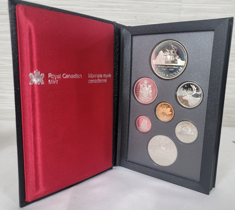 1987 (1587-) Canadian Silver " Detroit De Davis Strait 400th Anniversary " Coin Double Dollar 7-Coin Prestige Set in Case . Uncirculated