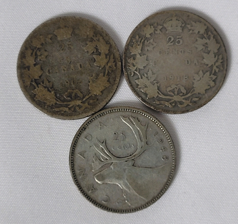 1903 , 1918 & 1946 Canadian Silver 25 Cent Quarters . Three (3) Coins