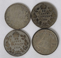 19?? - 1949 Canadian Silver 10 Cent Dime Lot . 19?? Queen Victoria , 1903 , 1936 & 1949