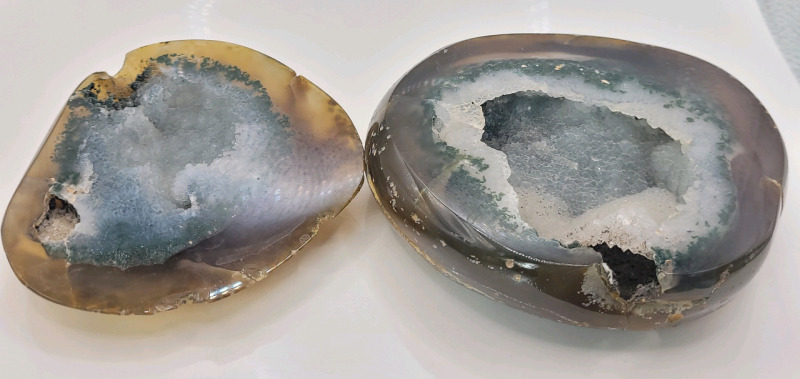 2pcs. Agate Quartz Geode . Measures 3 7/8" & 4.5" diameter