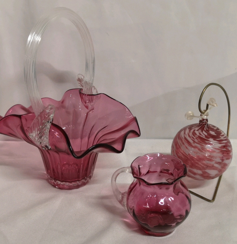 Cranberry Glass Basket & Small Pitcher + Ornament