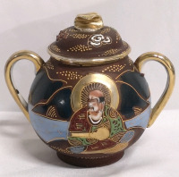 Moriage Ware Lidded Dish - Hand-Painted 5" Tall