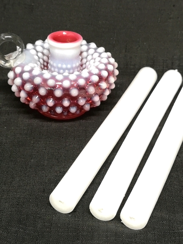 Unsigned FENTON Candle Holder Hobnail Cranberry Glass with Candle Sticks