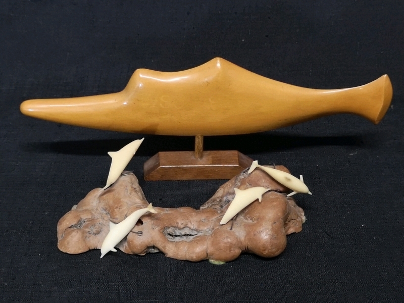 1970's Dolphin Sculpture Signed & Wooden Sculpture