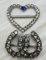 Sterling Silver Double Rhinestone Horseshoe Brooch Open Heart Brooch Clear with Blue Rhinestone