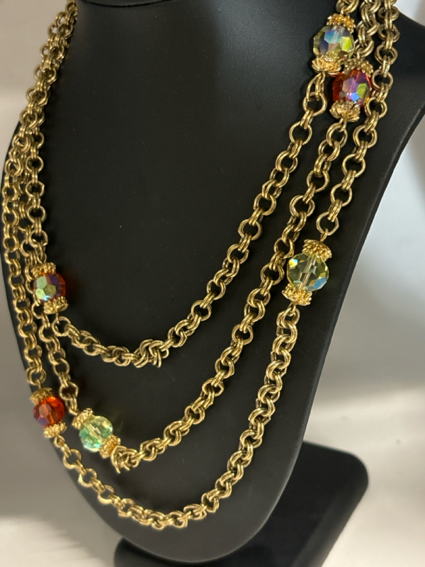 Vintage Sherman Signed Crystal and Chain Long Necklace Stunning