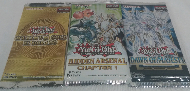 3 New Sealed Yu-Gi-Oh Sealed Booster Packs, Maximum Gold El Dorado, Hidden Arsenal Chapter 1, Dawn of Majesty