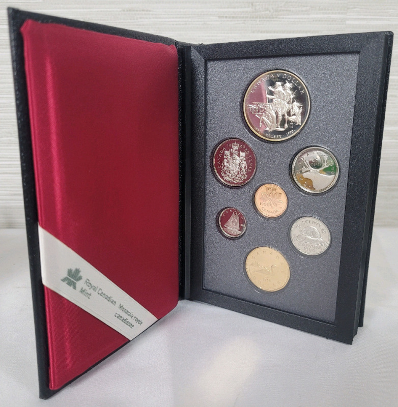 1990 (1690-) Canadian Silver " Kelsey Exploration of the Canadian Prairies 300th Anniversary " Coin Double Dollar 7-Coin Prestige Set in Case . Uncirculated