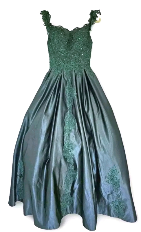 New Ladies Size Small(?) Hebeos Satin Sleeveless Emerald Green Ball Gown | Retails for Over $100