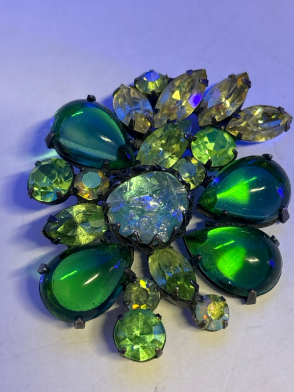 Vintage Green Uranium + Rhinestone Poured Glass Cab Brooch