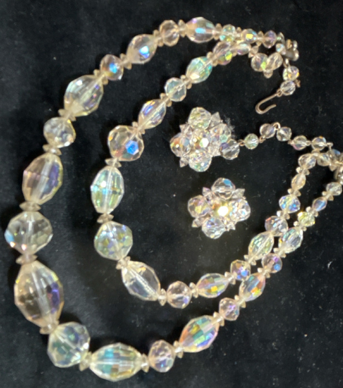 Vintage Double Strand Crystal Necklace with Earrings