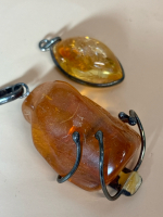 Two Amber Pendants Wite Wrapped Large Natural Marquise Reconstituted Sterling Stamped Both Beautiful