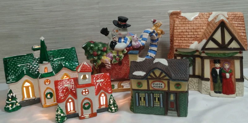 5 Ceramic Christmas Houses For Decorations, Teacup, Cookie Jar 6"-9" One Church has Broken Front