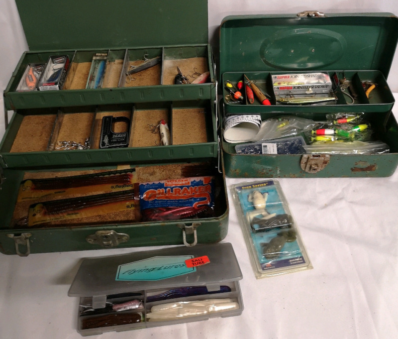 Metal Fishing Tackle Boxes with Fishing Accessories Some New and Not New Lures++