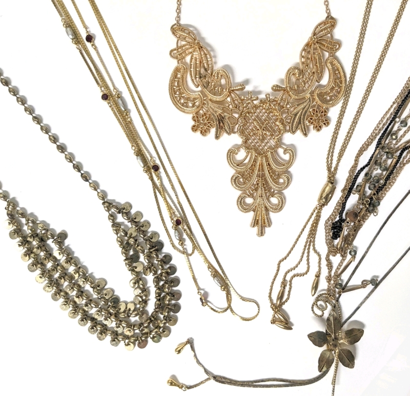 6 Assorted Gold Tone Necklaces: Multi Layered, Statement, Lanyard-Style + | Up to 20" Long