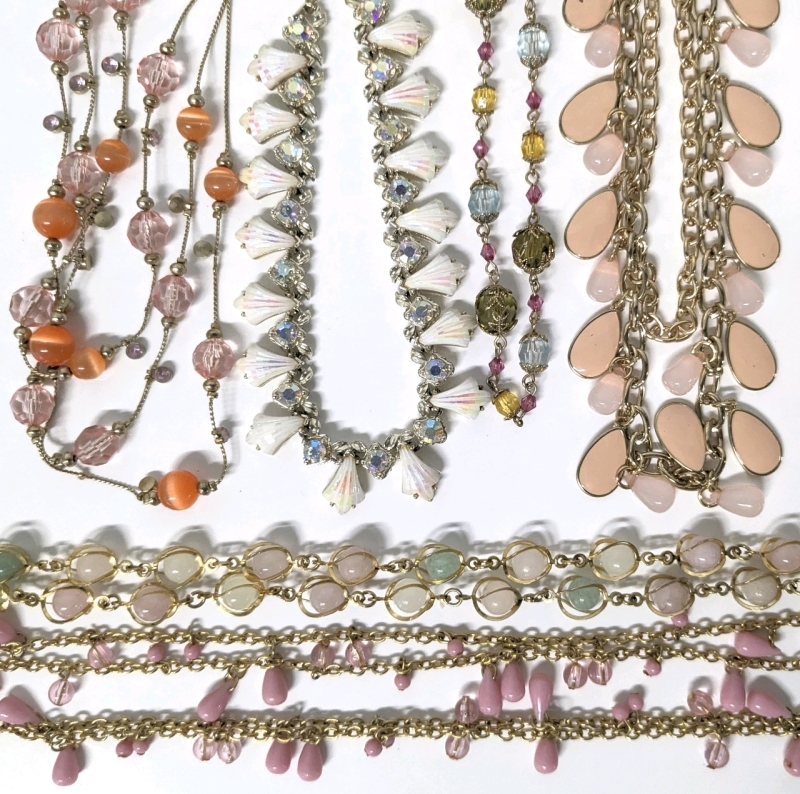Pretty in Pink! 6 Assorted Pink-ish Gold & Silver Tone Necklaces incl Enamel, AB Rhinestones, Multi-Strand+ | Up to 57" Long