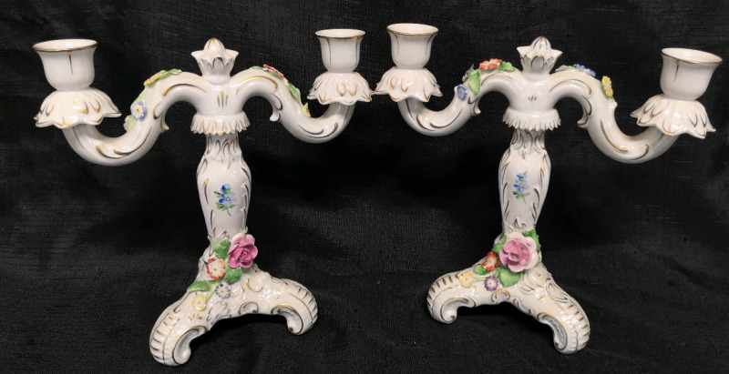 Pair of Vintage PMP Porcelain Candelabras - Hand-painted made in Germany GDR Porce 9" Tall & Wide
