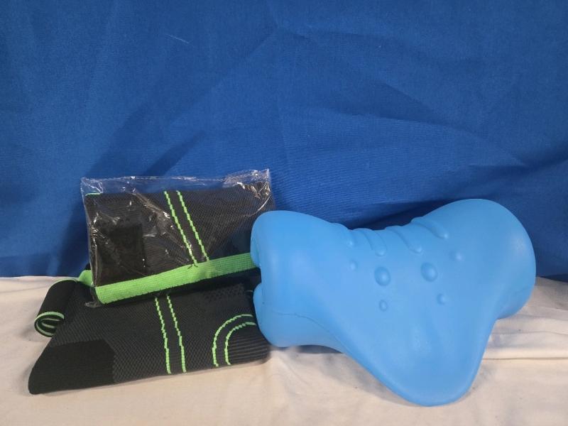 3 Pcs New | Health Lot Includes 2 Arthritis Knee Braces & 1 Cervical Spine Pillow | Pillow Measures 9" x 5" x 6"