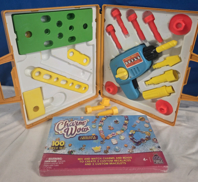 2 Pcs | Fisher- Price Plastic Tool Kit & Charm Wow 100 Pcs 2 Necklaces & 2 Bracelets Set