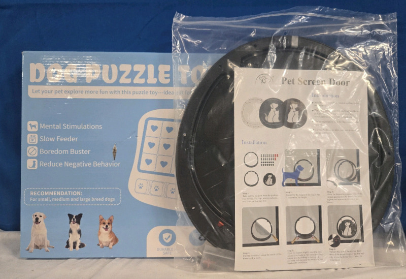 2 Pcs New | Foxmm Dog Puzzle Toy & Mavricflex Plastic Black Pet Screen Dog Door Measures 11" Dia
