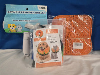 4 Pcs New | Lyson Pet Hair Remover Roller | 2 Dog Treat Lick Mats 8" x 8" & 1 Inflatable Collar For Dogs & Cats W/ Injuries, Rashes & Post Surgery