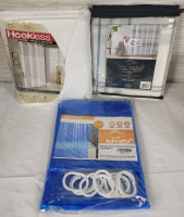 New - Three (3) Home Shower & Tub Curtains . White , Blue & Pattern .