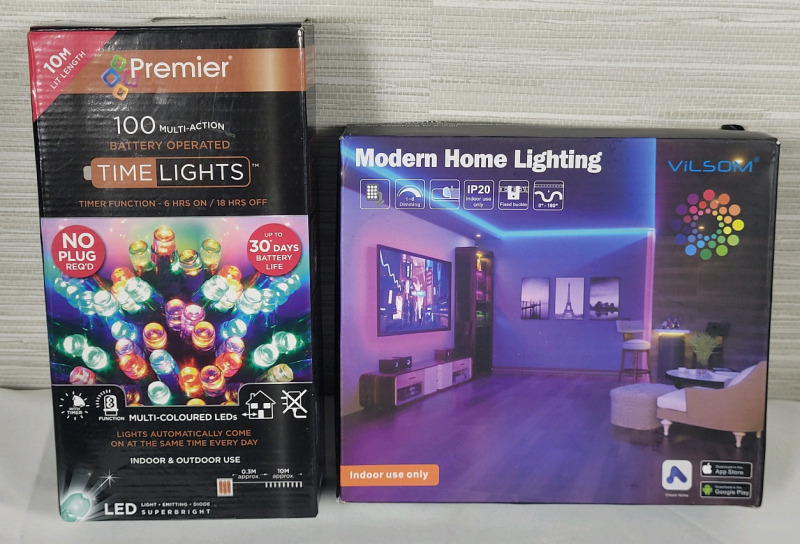 New - LED Modern Home Strip Lighting & Premier 100-Light Battery Operated Color-Lights (requires 3 AA batteries)