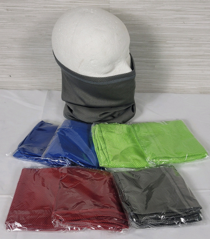 New - Eight (8) Neck / Face Gaiters . Grey , Green , Blue & Red . 100% Polyester , Washable