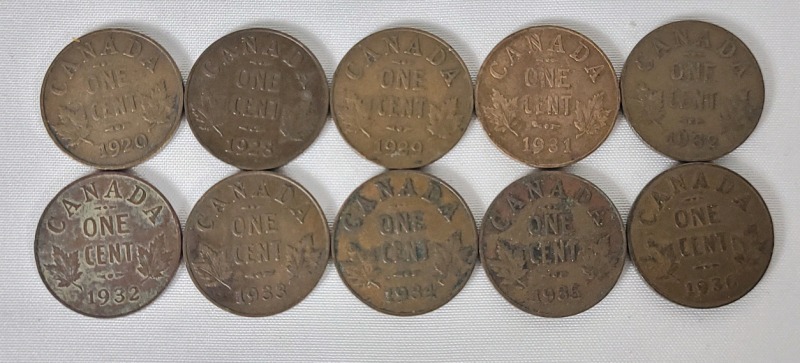 1920 - 1936 Canadian King George V Small Cent Penny Lot. 1920 , 1928 , 1929 , 1931 , 1932 &times;2 , 1933 , 1934 , 1935 & 1936 . Ten (10) Coins