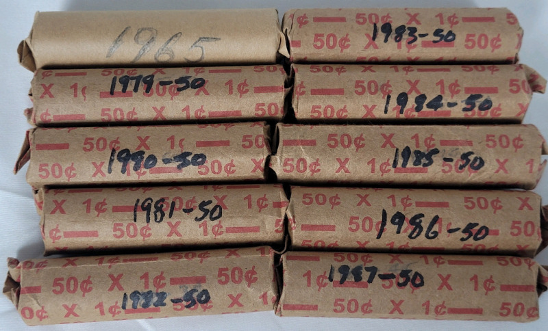 1965 - 1987 Canadian Penny Rolls . One (1) Roll for Each Year . 1965 , 1979 , 1980 , 1981 , 1982 , 1983 , 1984 , 1985 , 1986 & 1987