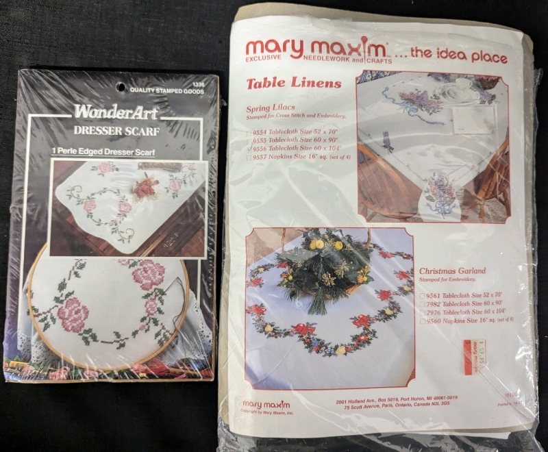 New Cross Stitch Patterns - Mary Maxim "Spring Lilac" Table Linens ( 60" by 104") and Wonder Art Pearle Edge Dresser Scarf (15" by 42")