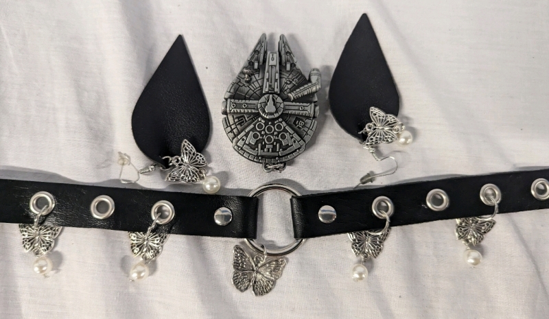 New Punk and Nerd Accessories + Spaceship Keychain (2.5"Long) & Punk Collar and Earrings (Collar 15.75" Long and .75" Wide.)
