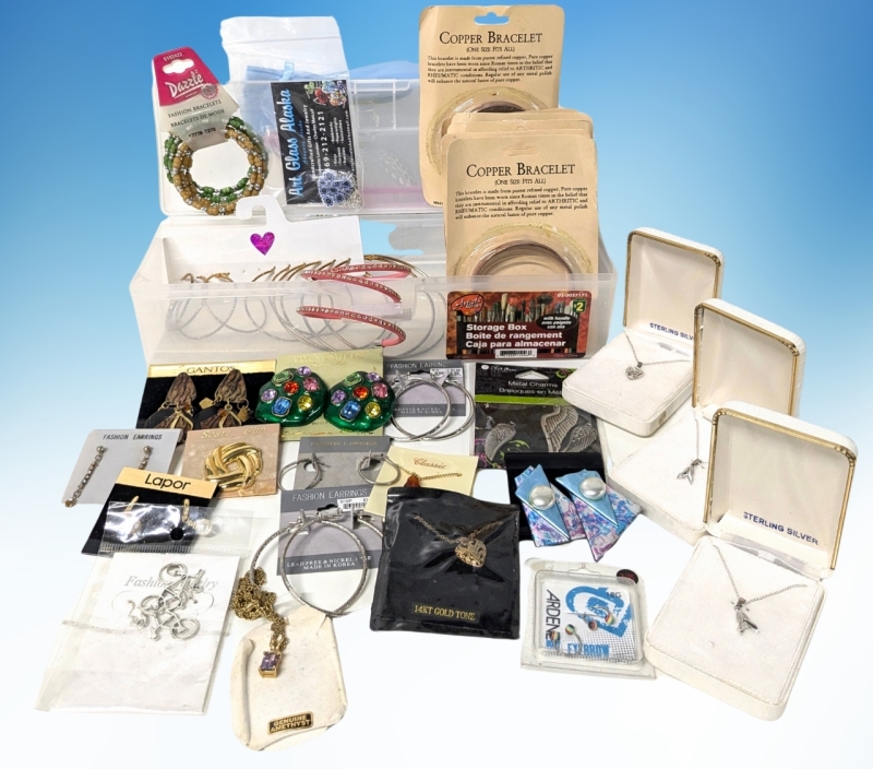 New Jewelry: Earrings, Bracelets, Charms, Eyebrow Rings, Copper, Art Glass, Genuine Amethyst + Clear Plastic Bin (11.5" x 3.5" x 3.25")