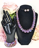 LOVE Pink: Chain Maille-Style Toggle Bracelet w Iridescent Pink & Purple Blossoms, Heavy Faceted Pink Glass Bead Necklace & Rhinestone Stud Earrings