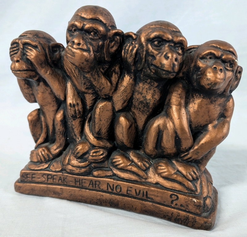 "See - Speak - Hear No Evil... ?..." Monkeys of Bapu Statue. 6.5" Tall. 7" Wide.