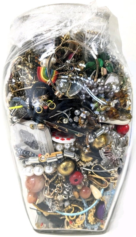 Glass Vase FULL of Assorted Jewelry for Crafting and Repair | 9" Tall , 4.75" Diameter
