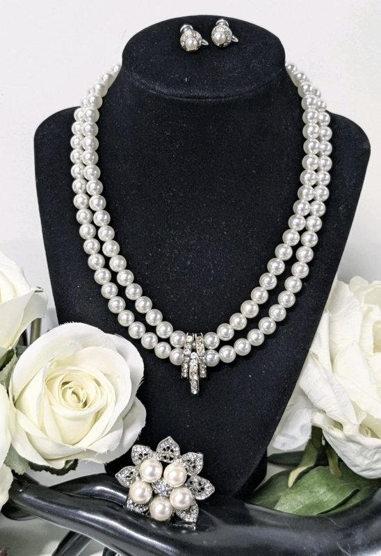 Faux Pearls + Rhinestones: Double Strand Necklace, Signed Screw-Back Earrings & Former Brooch Converted to Hairpin