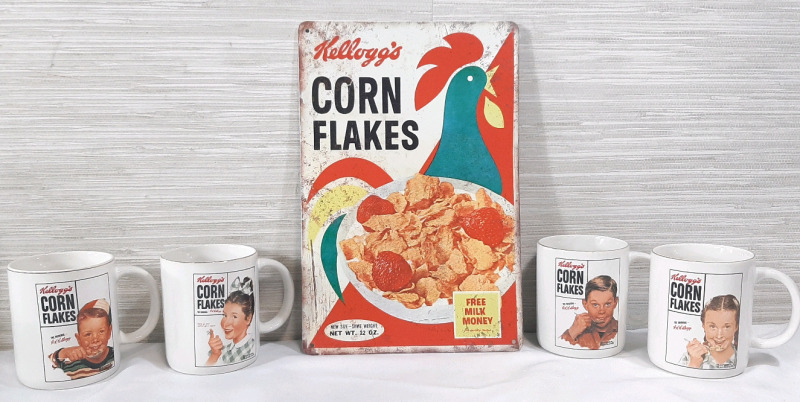 New 4 Retro Norman Rockwell Kellogs Corn Flakes Mugs (3" dm) & Corn Flakes Metal Sign - 12"X8"
