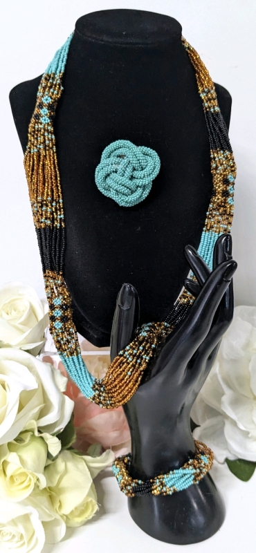 Fantastic Turquoise & Bronze Tone Seed Bead Multi-Strand Necklace w Matching Toggle Bracelet & Knotwork Beaded Brooch