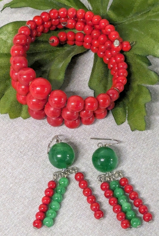 Gorgeous Sterling Silver 925 Stamped Coral + Jade Earrings & Open-Cuff Red Stone Triple Strand Bracelet | Earrings 1.5" Long