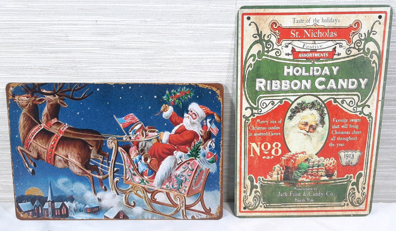2 New Santa Claus Metal Signs - 12"X8"
