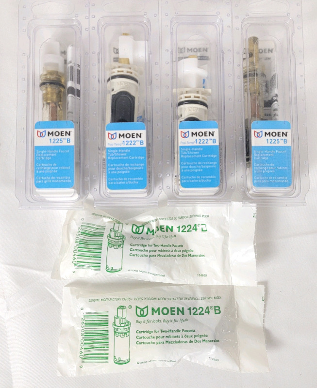 New - Four (4) Moen 1222-B Single Handle Tub/Shower Cartridge & Two (2) Moen 1224-B Two Handle Faucet Cartridge