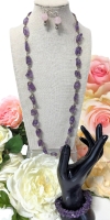 Lovely Amethyst Nugget Expanding Bracelet, Chunky (Presumed) Amethyst Necklace & Pair of Powder Pink Glass Earrings