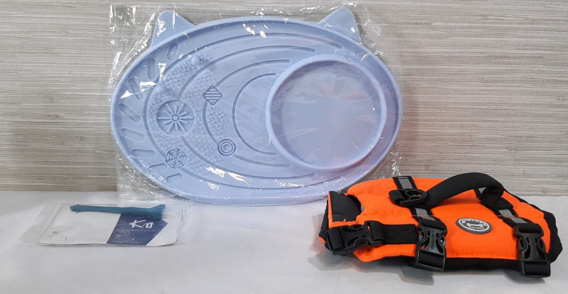 Lot of Pet Products, Including a Silicone Cat Slow Feeder Mat 13"X8" and an XXS Pet Swim Vest