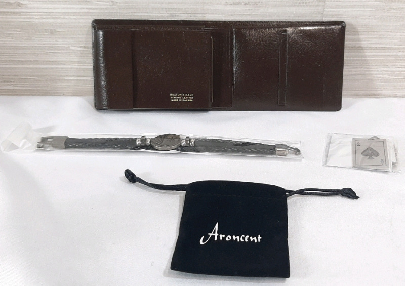 Lot of Mens Accessories, Including A Buxton Select Genuine Leather Wallet (9" wide), Poker Themed Necklace (8&frac12;" long) and Small String Bag