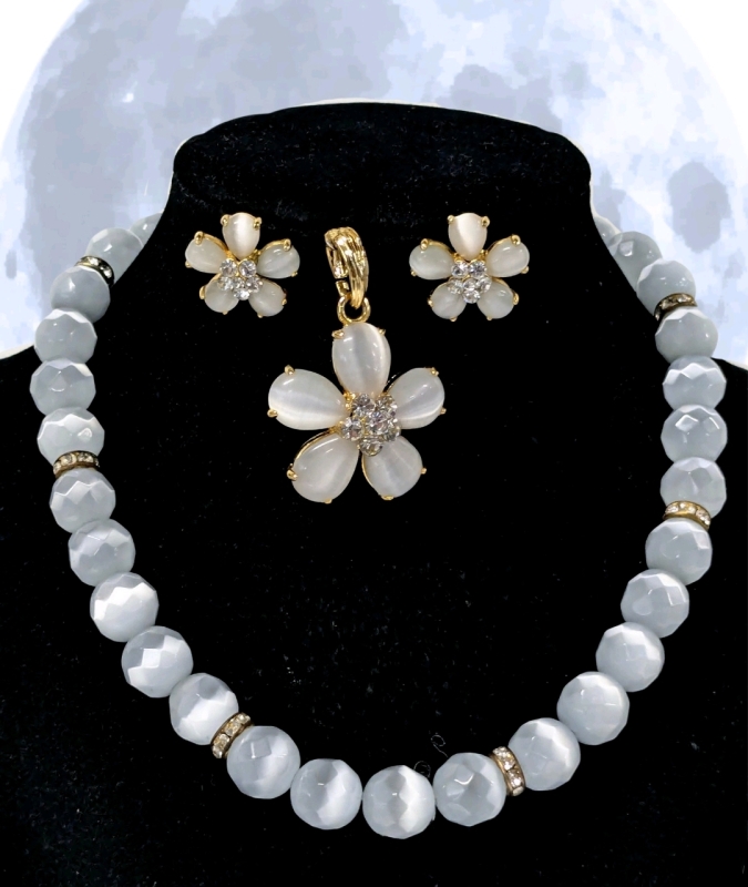 Very Pretty (Surprisingly Heavy) Ombre Moonglow Necklace & 3-Piece White Opaque Moonglow Earrings & Pendant Set w Rhinestones