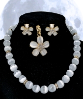 Very Pretty (Surprisingly Heavy) Ombre Moonglow Necklace & 3-Piece White Opaque Moonglow Earrings & Pendant Set w Rhinestones